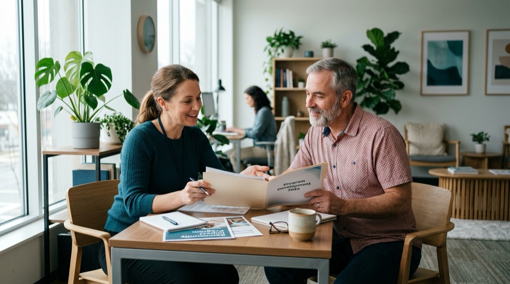 A caseworker and a community partner reviewing program materials together at a bright office table